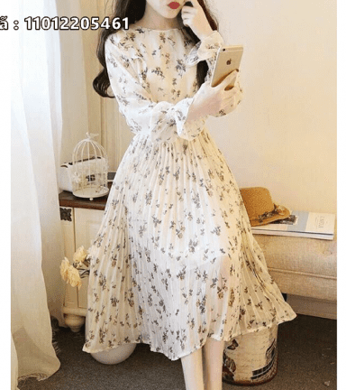Đầm trắng maxi voan in hoa dập ly