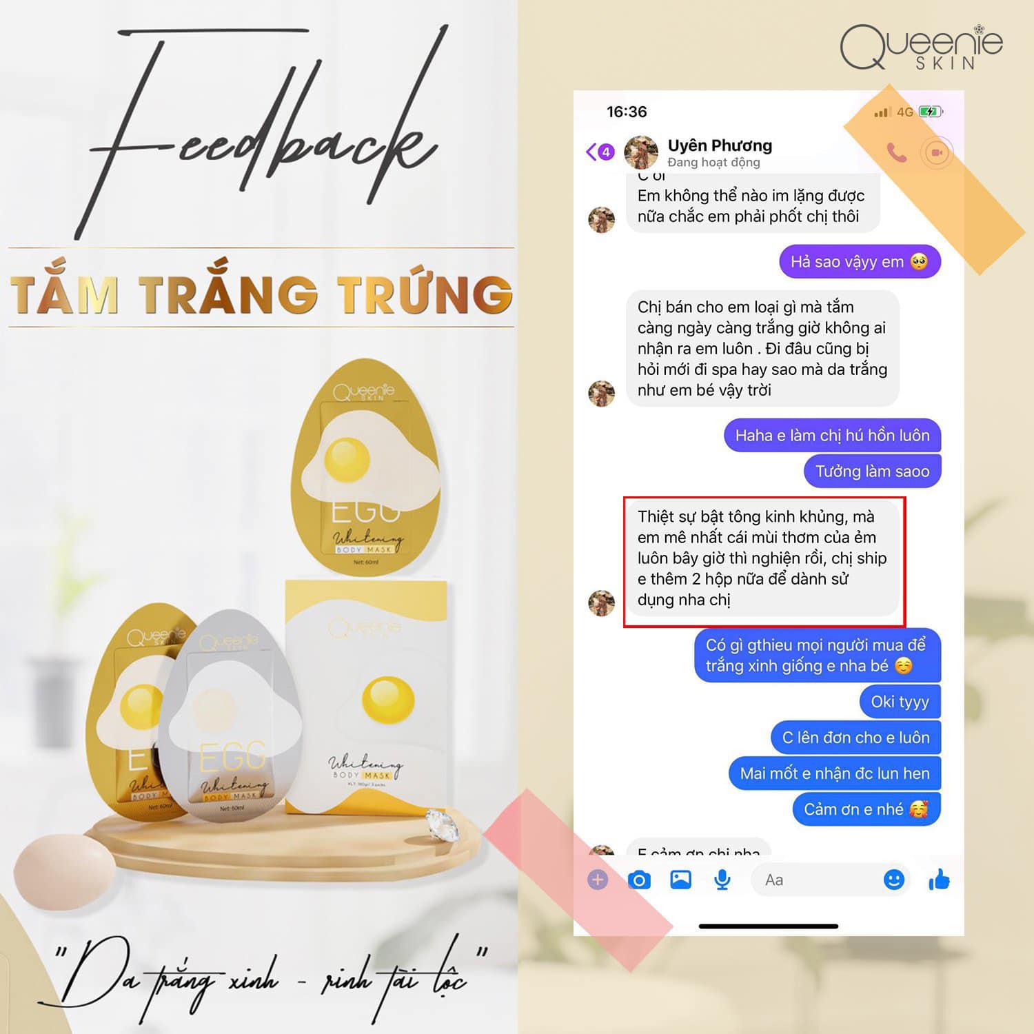 Set tắm trắng trứng QUEENIE SKIN tắm đến đâu trắng đến đó