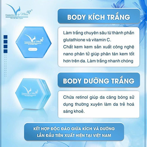 Bạn đang khao khát có làn da trắng hồng mịn màng như bao cô gái khác đã có combo body truyền trắng VIP WHITE giúp bạn