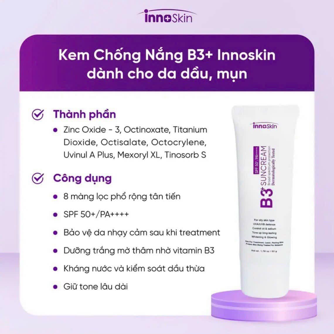 Chống Nắng Phổ Rộng nâng tone Innoskin B3 Tím Suncream SPF50+ PA++++ 50ml dành cho da dầu mụn