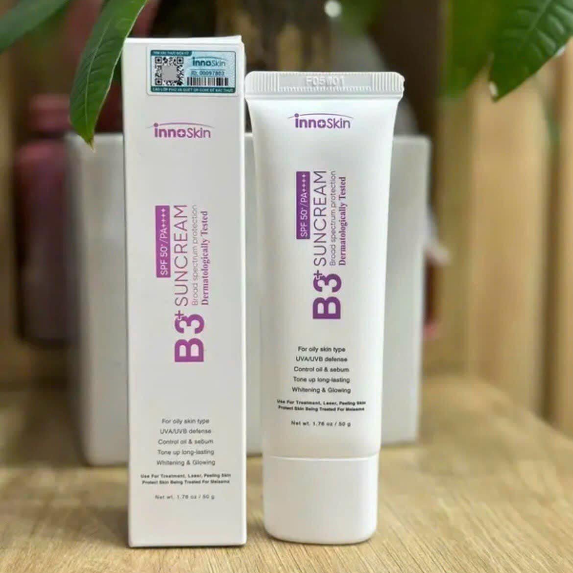 Chống Nắng Phổ Rộng nâng tone Innoskin B3 Tím Suncream SPF50+ PA++++ 50ml dành cho da dầu mụn
