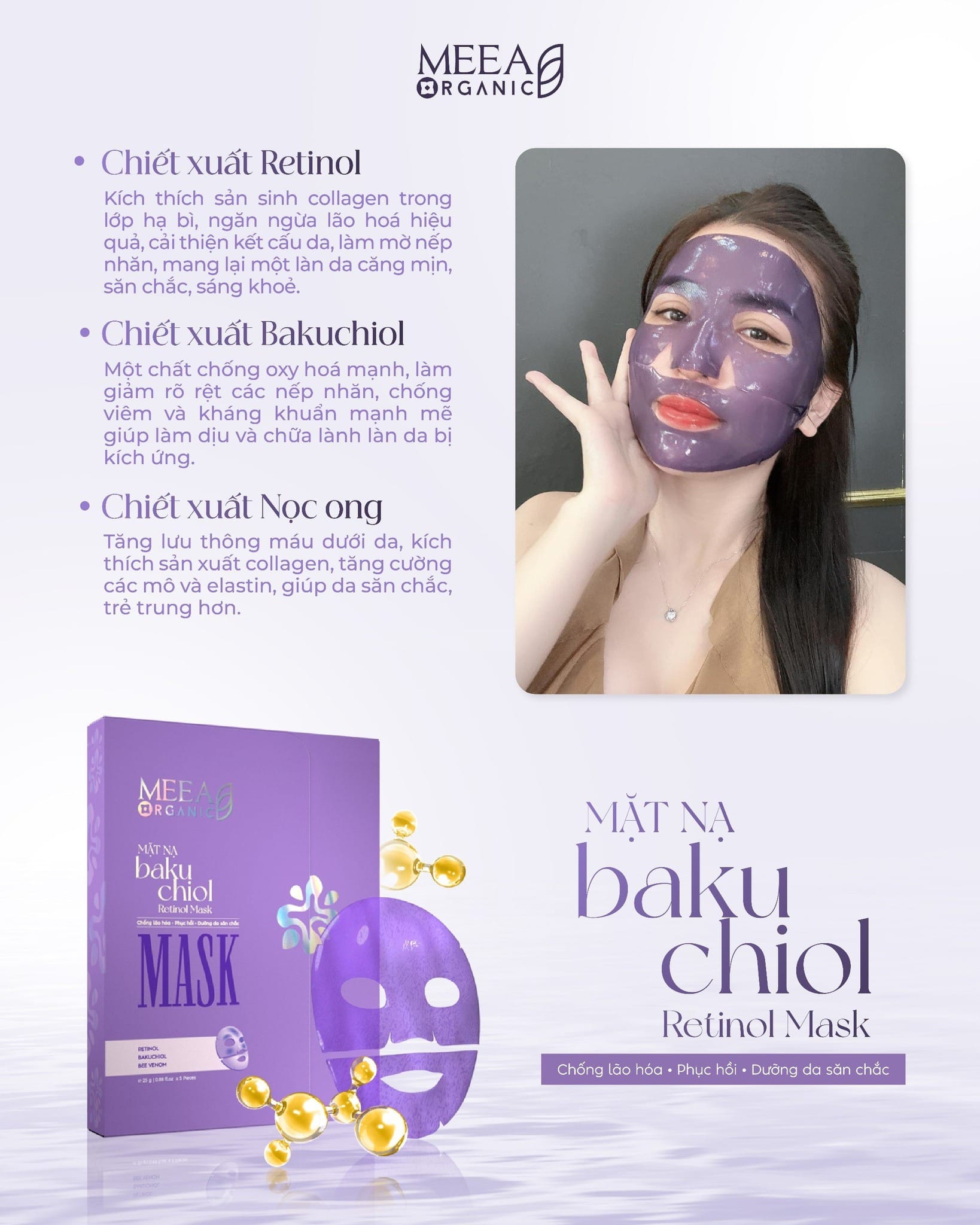 Mặt Nạ Thạch Соlаɡеп Meea Organic Màu Tím Bakuchiol Retinol Mask Hộp 5 Miếng