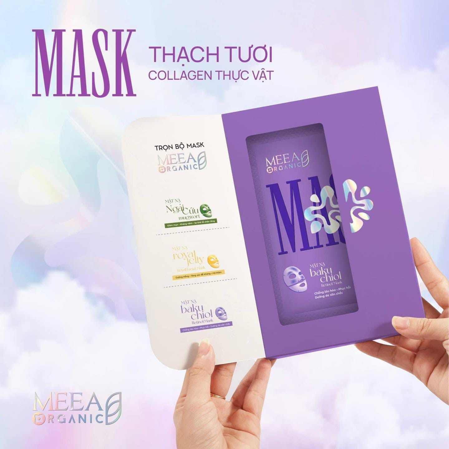 Mặt Nạ Thạch Соlаɡеп Meea Organic Màu Tím Bakuchiol Retinol Mask Hộp 5 Miếng