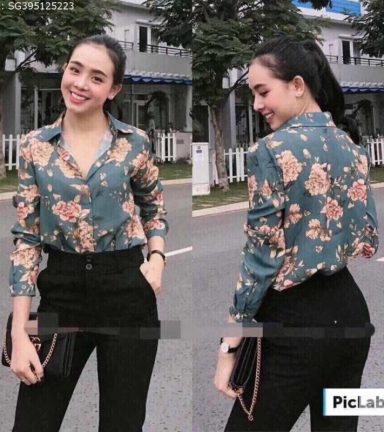 Sơ mi nữ voan xanh in hoa tay dài